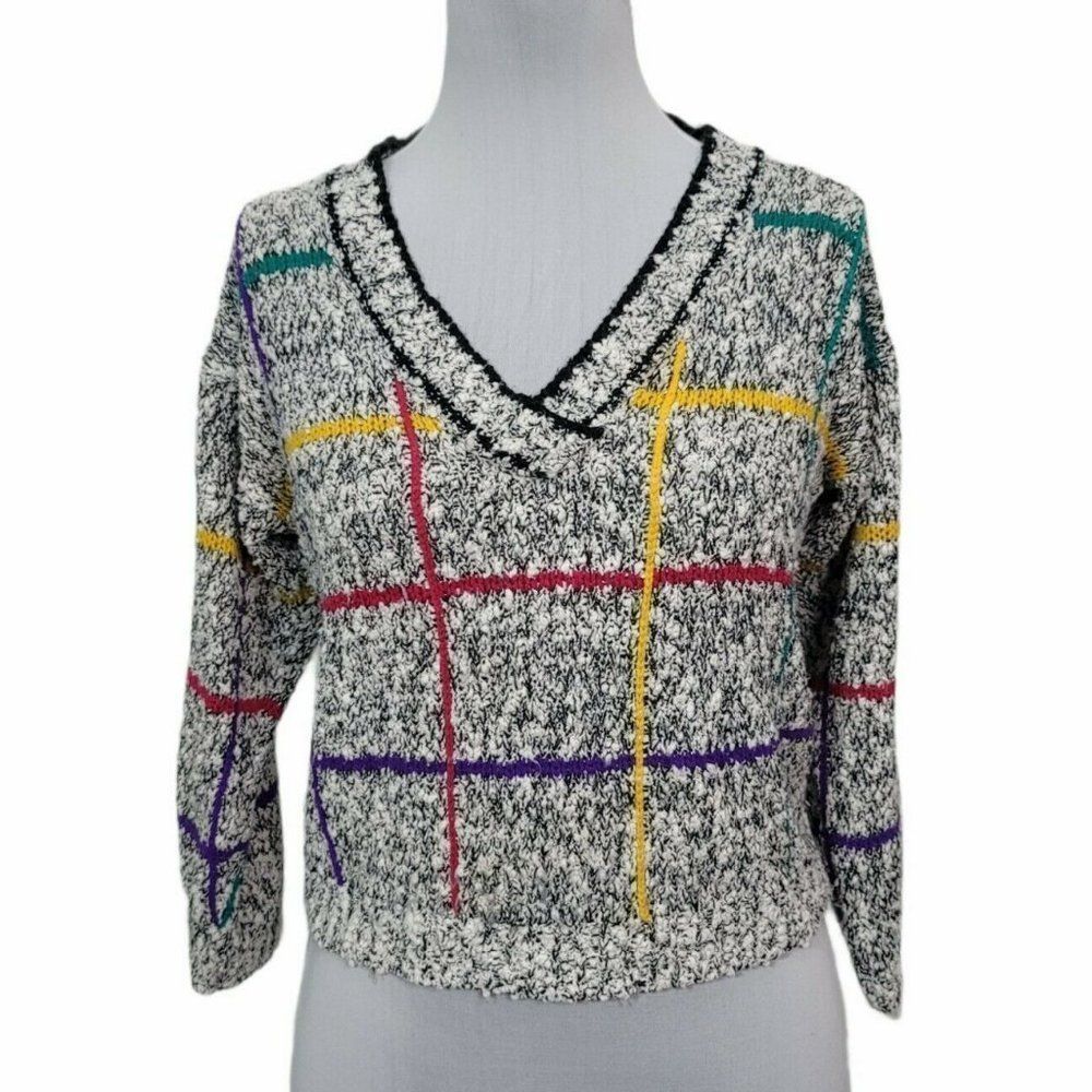 Vintage 80s Roi Three Chunky Knit Colorful Grid VNeck Pullover Sweater